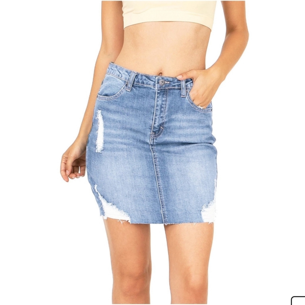 Wax Jeans Mid-Rise Distressed Denim Mini Skirt